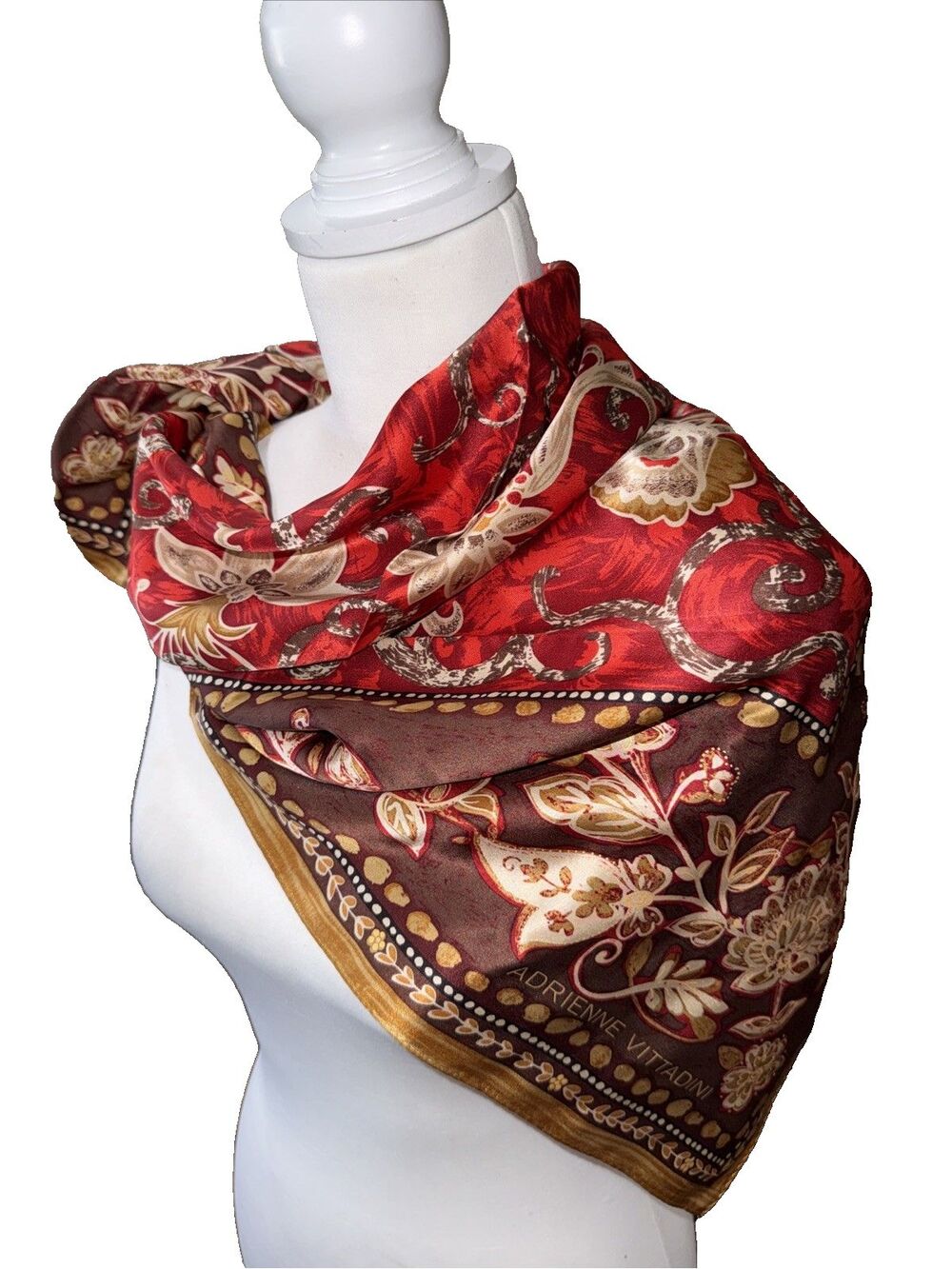 Adrienne Vittadini 100% Silk Scarf Red Gold Baroque Floral Boho Chic 34x34